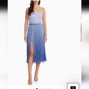 Strapless Ombre Blue Midi Dress with Front Slit